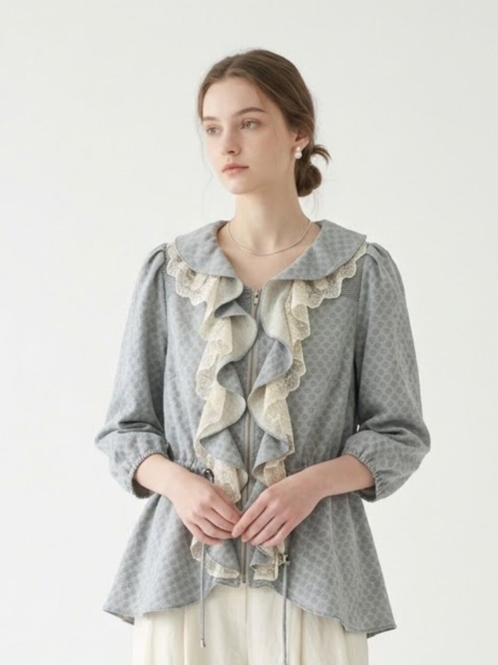 By Stella Jacket Blouse Blue Lace Ruffle Victorian XL NWT